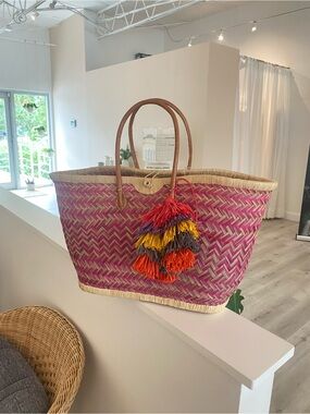 Mar Y Sol Pink Woven Tote with Multicolor Tassel Accent